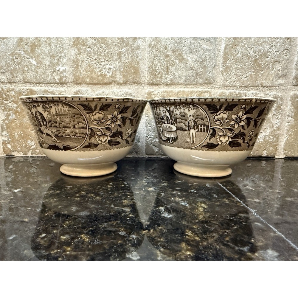 1860's Antique Villeroy & Boch Brown White Transfer Ware Slop Basin Bowl 2 Piece